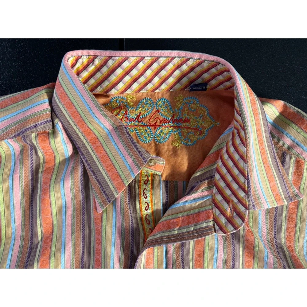 Robert Graham Mens XL Multi Color Striped Jacquard Long Sleeve Button Down Shirt